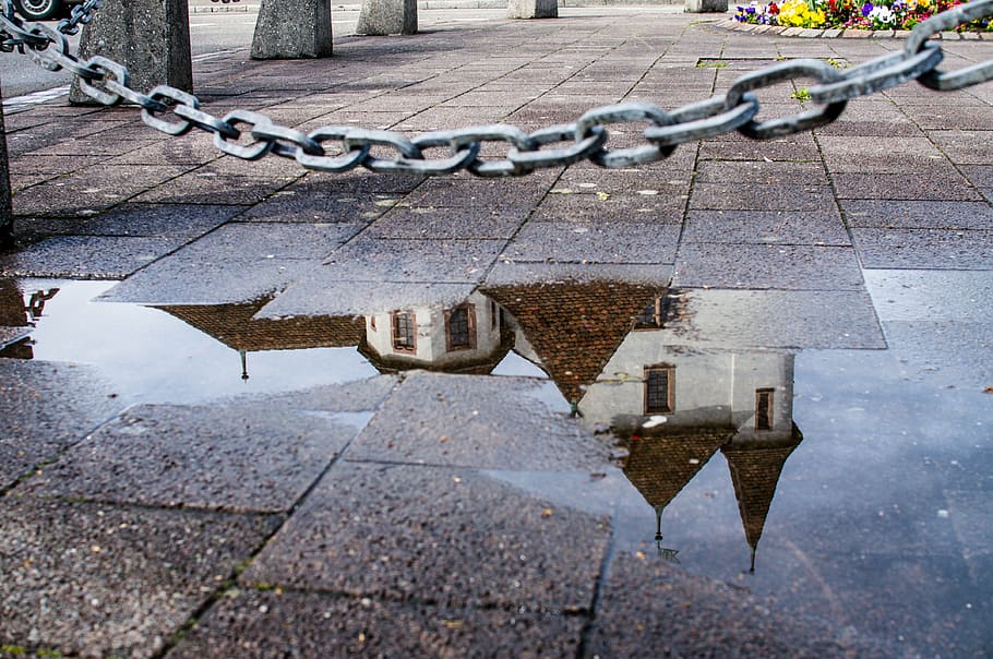 gray, chain, brown, tile pavement, castle, pratteln, mirroring, puddle, wet, old
