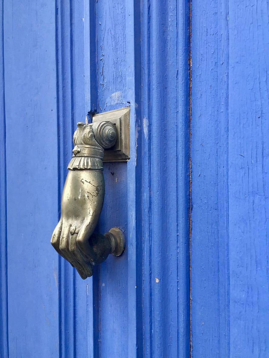 Door Knob, Input, Decorative, door, blue, front door, house entrance, close-up, metal, wood - material