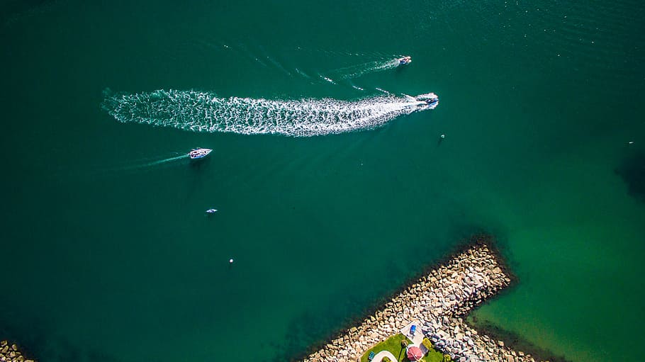 aerial, photography, body, water, power, boat, sea, ocean, blue, nature
