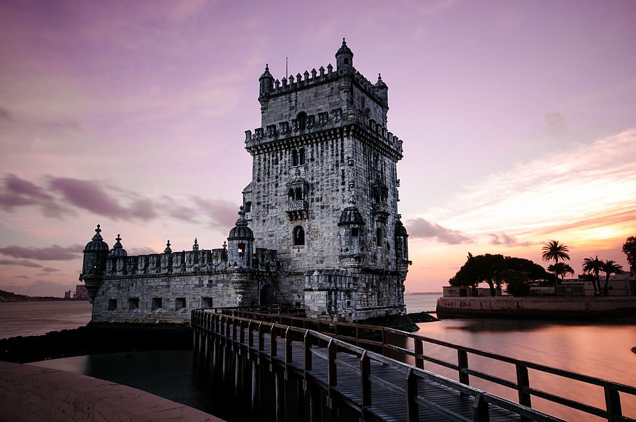white concrete castle, portugal, lisbon, porto, ocean, seaside, history, architecture, europe, travel