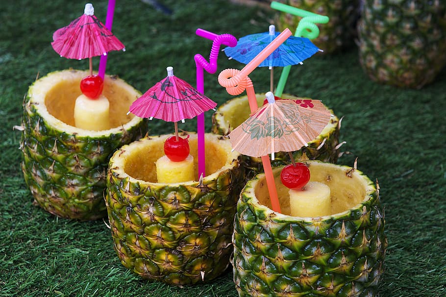 umbrella, pineapple, cocktail, exotic, drink, tropical, fresh, caribbean, holiday, food and drink
