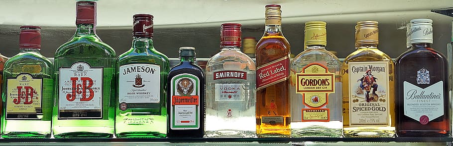 standing assorted-color bottles, premium, drinks, selection, bar, set, whiskey, whisky, vodka, gin