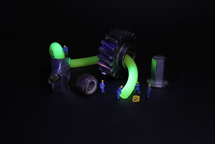 industry, fluorescence, miniature figures, mechanics, gear, engineer, technology, thw, workers, protective clothing