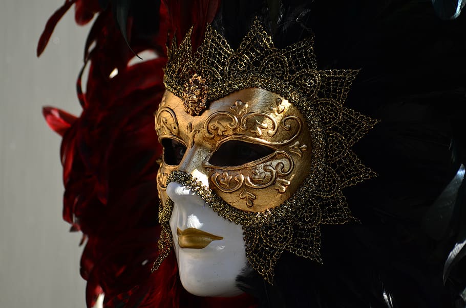 shallow, focus photography, gold, black, red, masquerade mask, schwäbisch hall, hallia venezia, costume, figure