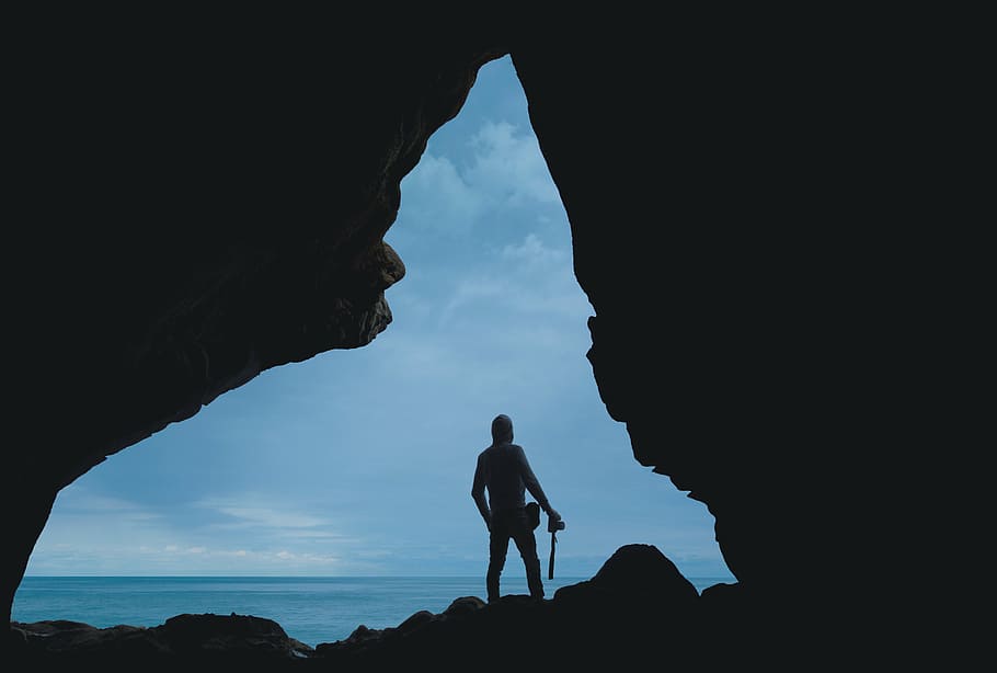 silhouette, person, standing, inside, cave, sea, people, man, travel, adventure