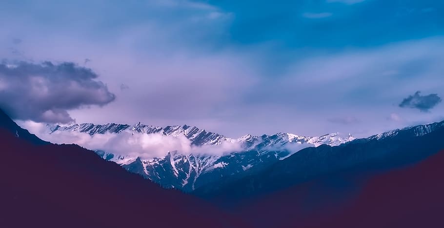 snow, capped, mountain, gray, Panorama, India, Mountains, Clouds, sky, sunset