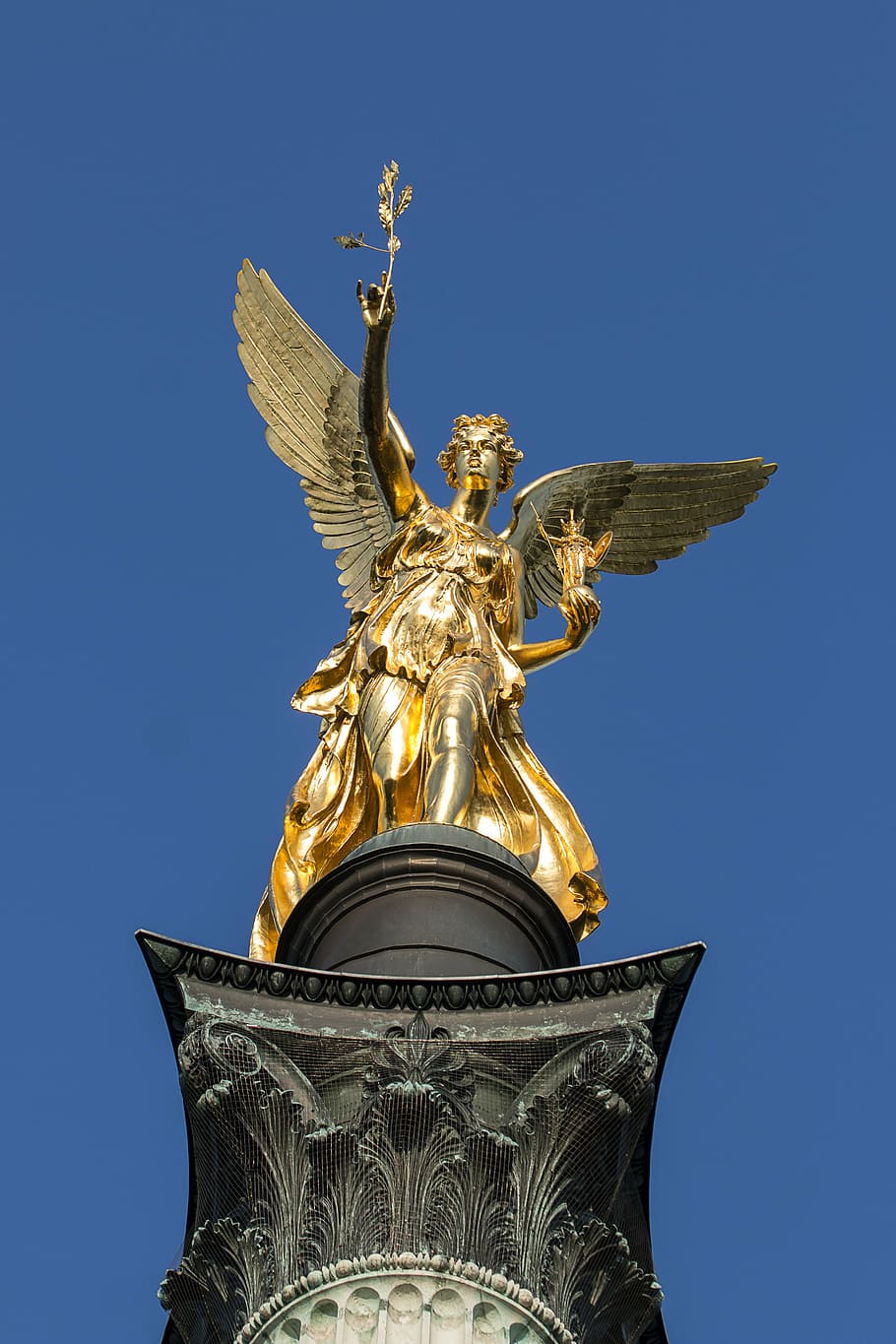 munich, ángel de la paz, oro, ángel, imagen fija, escultura, monumento, pueblo, antiguo, parque
