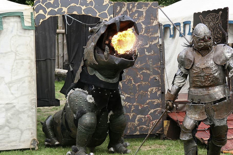 knight, castles, middle ages, fight, fire-breathing dragon, fairy tales, history, burning, day, fire