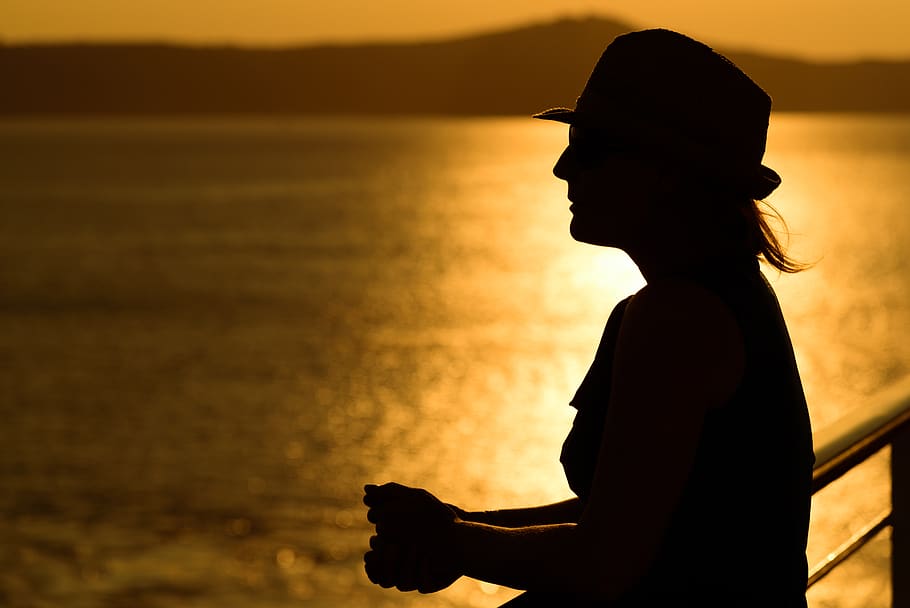 woman, sunset, water, silhouette, happy, leisure, vacation, evening, sea, female
