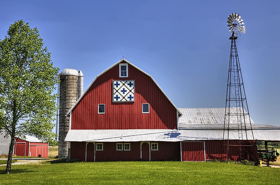 red, barn, windmill, quilt, quilt barn, rustic, barns, ohio, digital art, rural