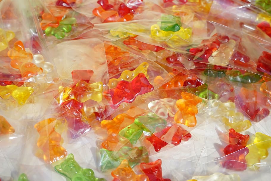 gummi bears, packed, sachets, mitbringsel, cellophane, fruit gums, bear, sweetness, colorful, color