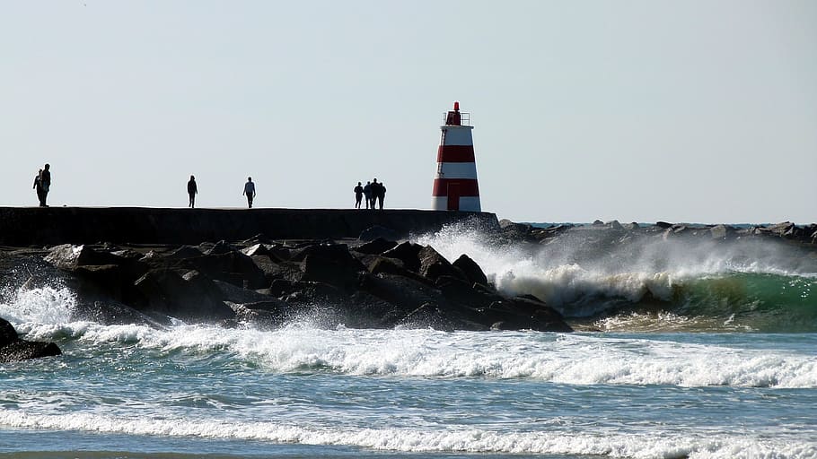 lighthouse, wave, coast, spray, rock, surf, back light, sea, water, storm