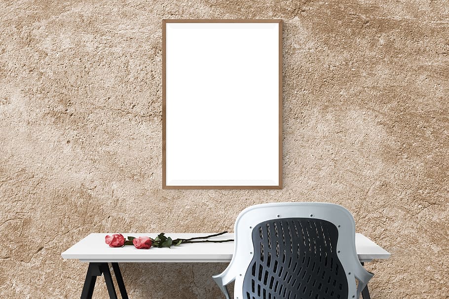two, red, roses, white, wooden, table, chair, mirror, hanged, wall
