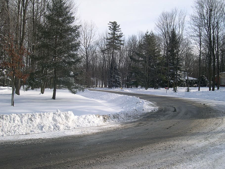 snow, winter, road, snow slush, slush, icy, slippery, curve, street, nature