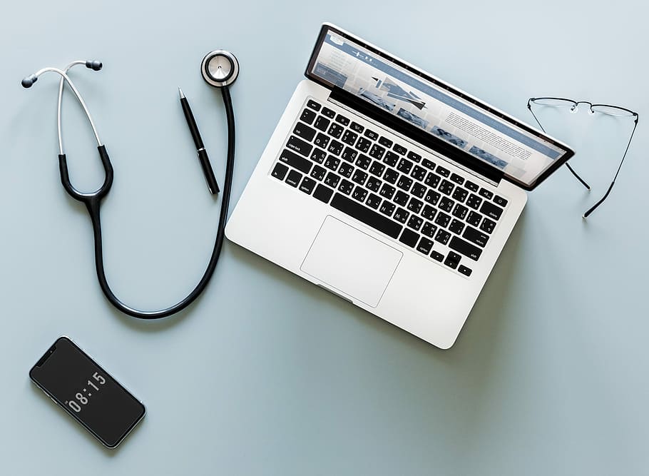 silver macbook, stethoscope, pen, aerial, cardiac, care, checkup, clinical, computer, cure