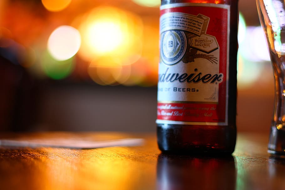 selectivo, fotografía de enfoque, botella de cerveza budweiser, cerveza, botella, pub, borracho, madera, vidrio, mesa