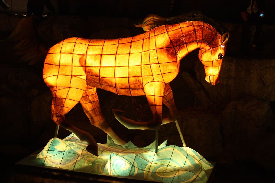 horse, lantern festival, cheonggyecheon stream, kkotdeung festival, isometric article, representation, art and craft, indoors, illuminated, sculpture