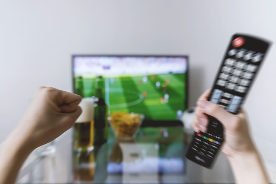 Watching, football, match, tv, remote, controller., channel, controller, game, games