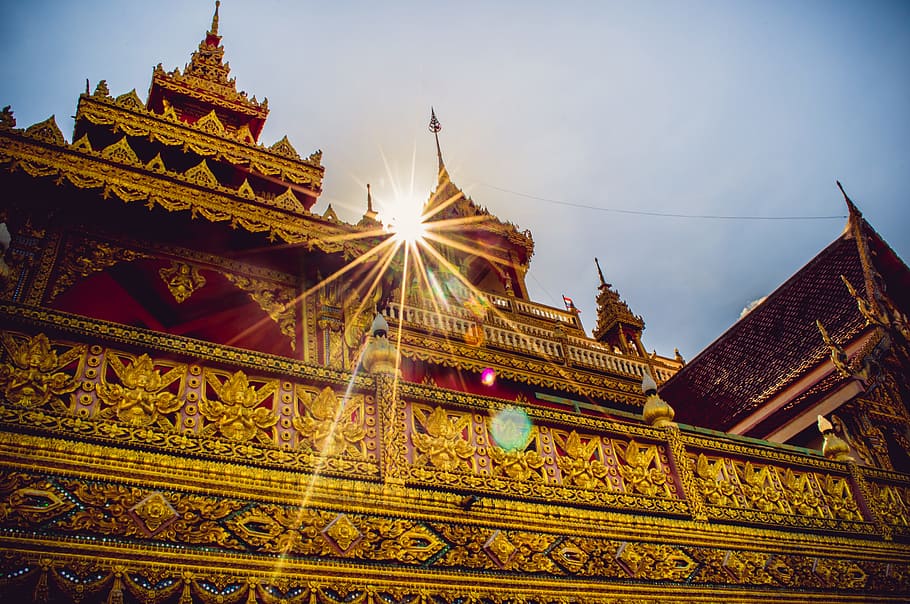 gold temple, blue, sky, daytime, Measure, Thailand, Temple, Buddhism, Art, thailand temple