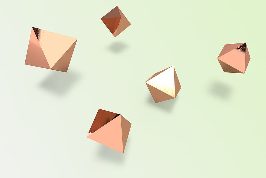 flat lay, pastel, shapes, octahedron, brass, metal, creative, design, graphic, background