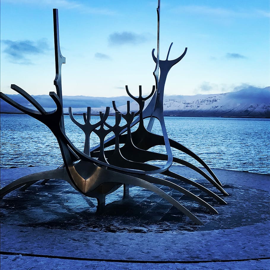 アイスランド, バイキング, 北欧, 古代, シンボル, 建築, 神話, 伝統的, 青, 空