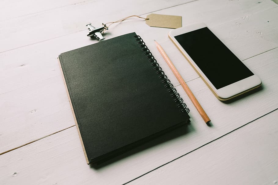 black notebook, black, notebook, pencil, mobile, phone, technology, touchscreen, table, business