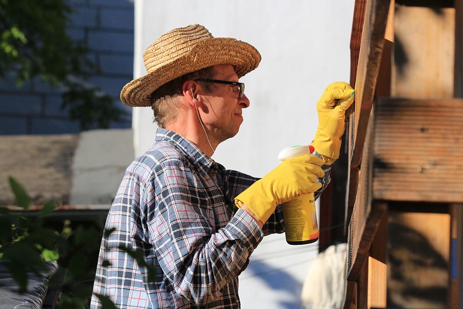 man, mending, brown, wall, dad, repair, work, cleanup, hat, adult