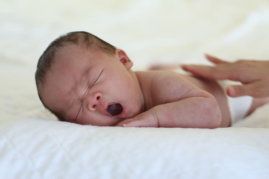 yawning, baby, lying, white, textile, yawn, sleepy, babies only, indoors, newborn