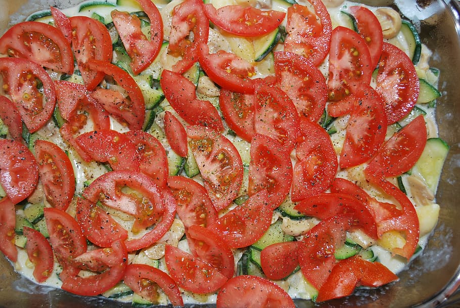 casserole, tomatoes, vegetables, red, eat, food, italian, kitchen, baking dish, food and drink