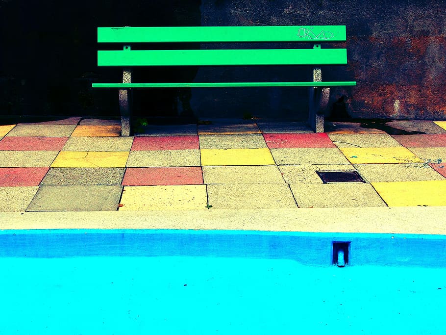 green, wooden, bench, wall, blue, pool, tiles, bright, yellow, multi colored