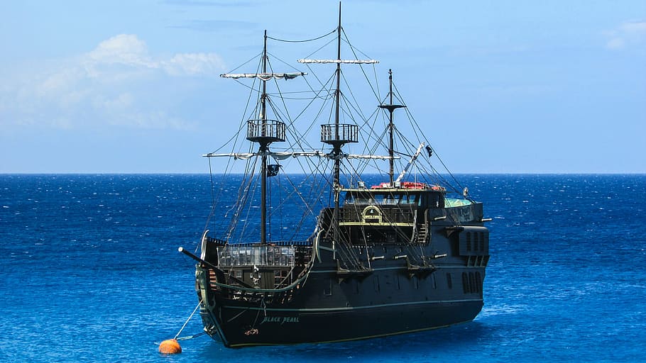 cinza, preto, barco à vela, corpo, água, chipre, navio de cruzeiro, turismo, lazer, navio pirata