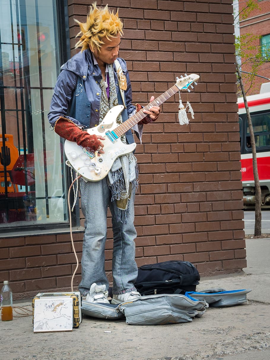 man, playing, white, electric, guitar, musician, guitar player, busking, street performer, music