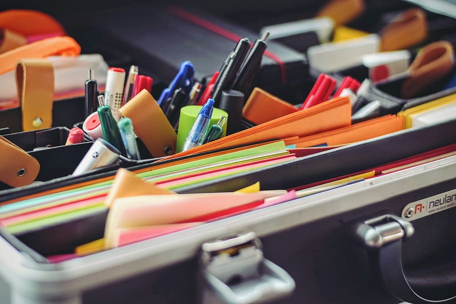 canetas, lápis, papelaria, arquivos, negócios, pasta, escritório, trabalho, multi colorido, escolha