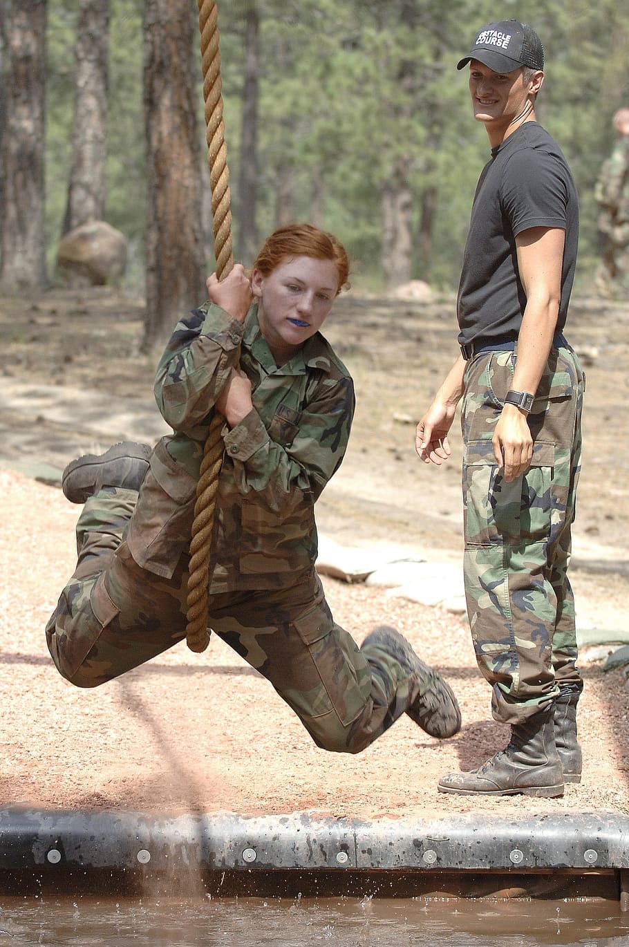 woman, hanging, rope, soldier, swing, obstacle, water, course, military, female