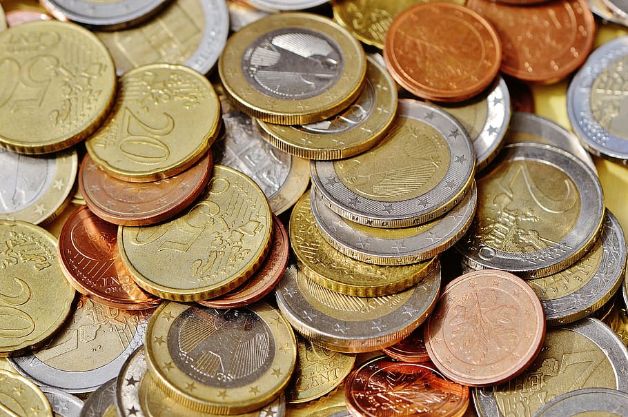 lote de moedas em cores sortidas, ouro, prata, cobre, moedas, dinheiro, euro, moeda, espécie, troco