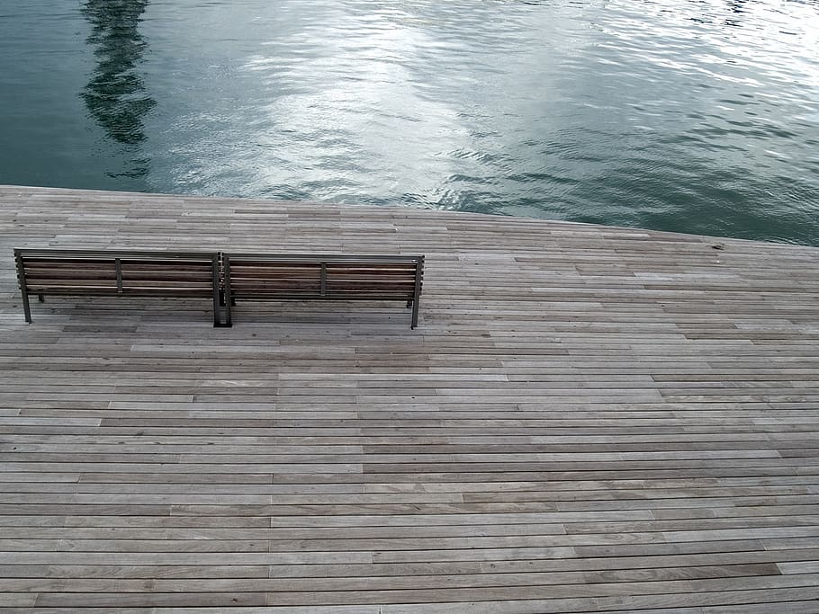 barcelona, boardwalk, wood bench, water, wood - material, high angle view, pier, day, tranquility, railing