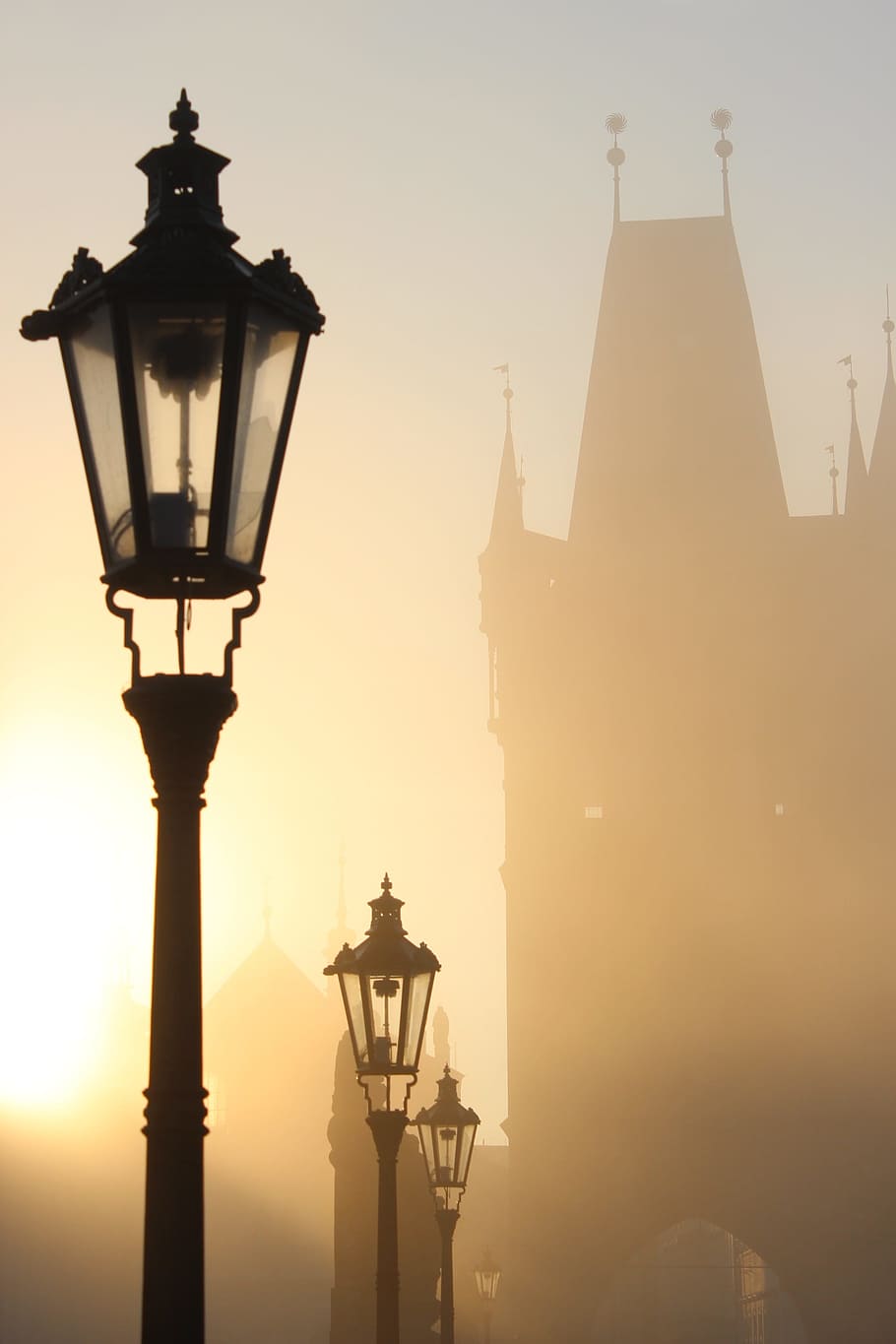 silhouette photography, outdoor, post lamp, Prague, Charles Bridge, Czech Republic, history, river, bridge, mystic