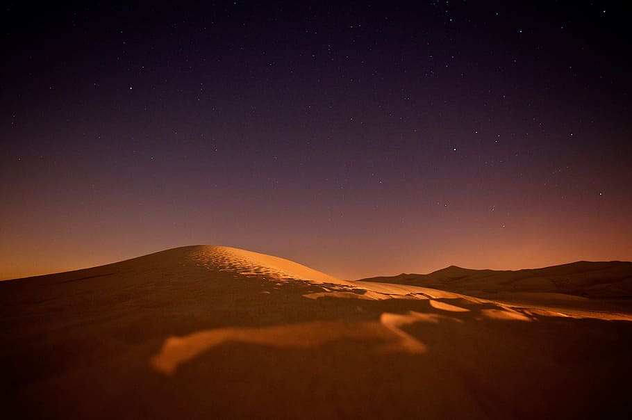 marrom, dunas de areia, noite, deserto, foto, tempo, céu, pôr do sol, estrelas, escuro