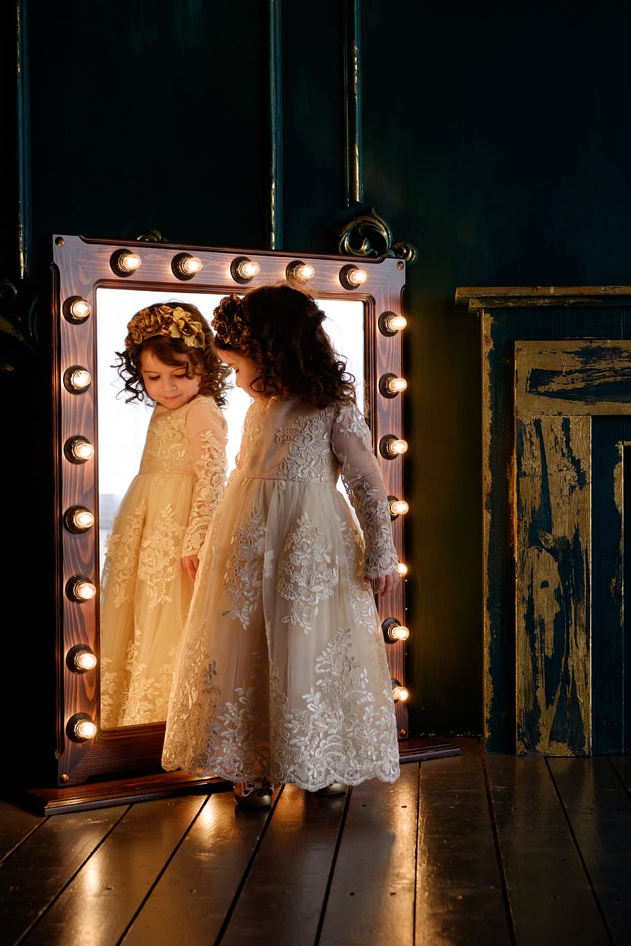 girl, wearing, white, floral, embroidered, dress, looking, mirror, baby, daughter