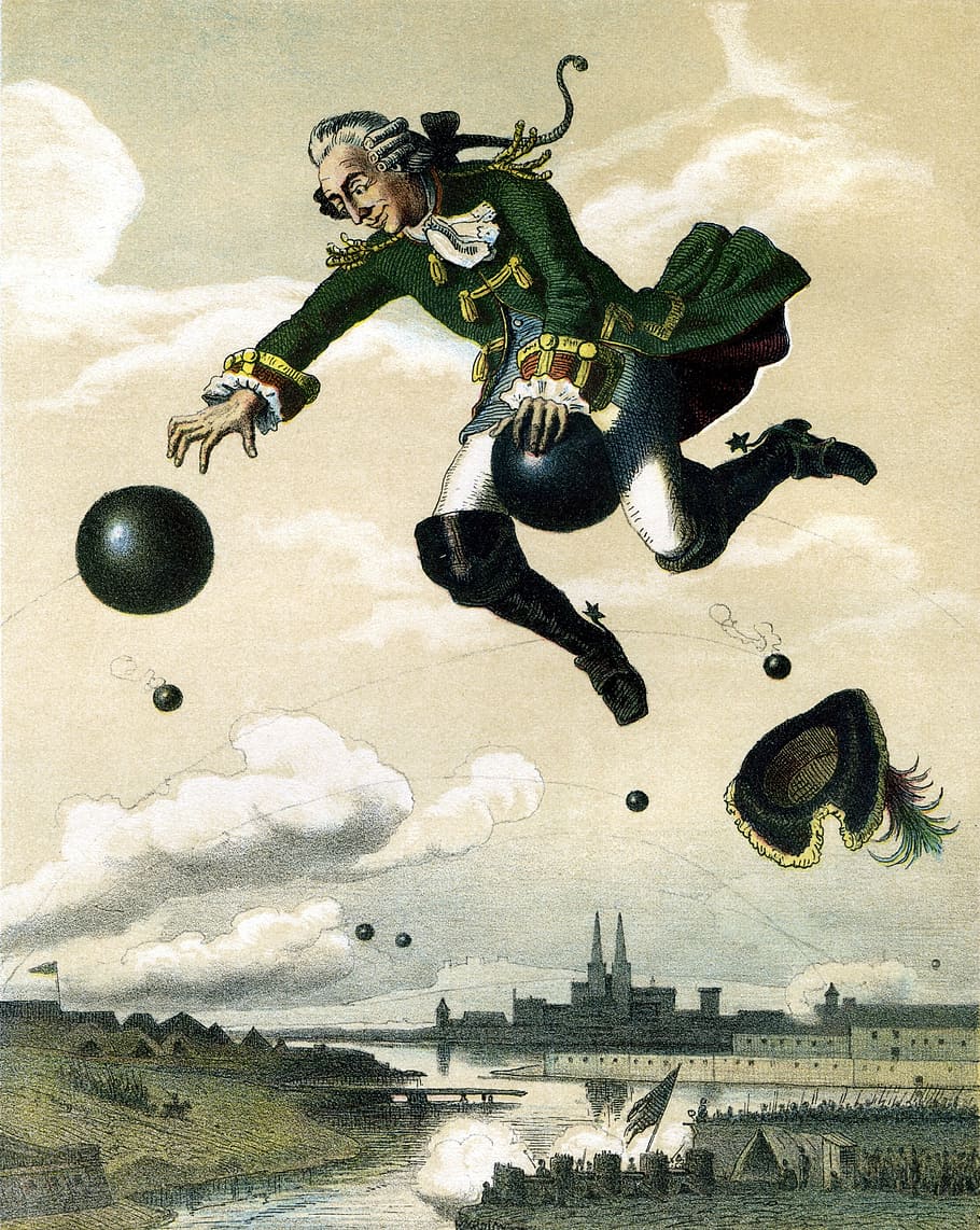 male character painting, baron munchausen, tall tales, storyteller, fairy tales, liar, lie, carl friedrich von münchhausen, ride on the cannon ball, art and craft
