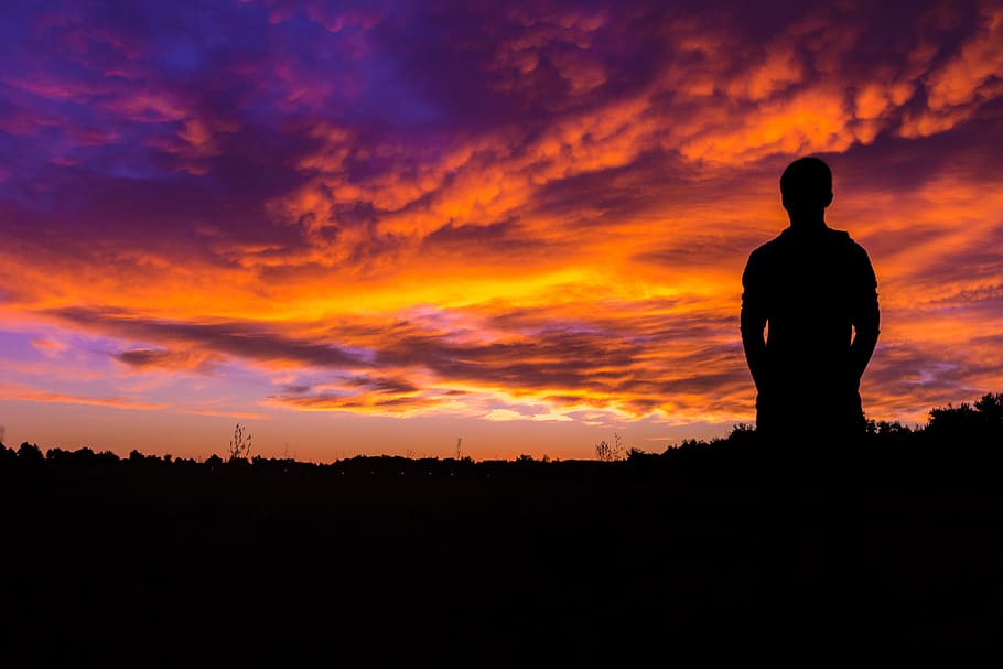 sky, clouds, sunset, dark, people, thinking, alone, silhouette, cloud - sky, one person