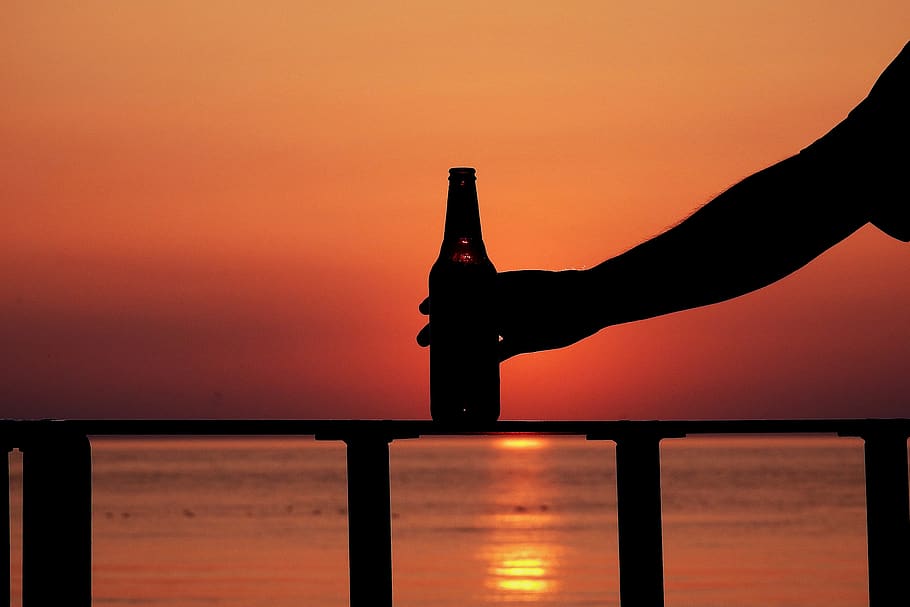 the baltic sea, sunset, sea, evening, beer, silhouette, sky, orange color, one person, standing