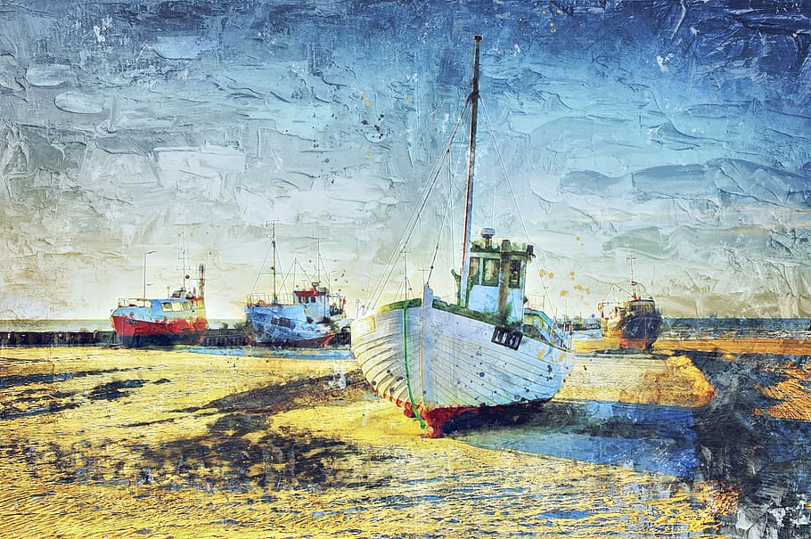 illustration of boats, cutter, north sea, port, shrimp, fishing vessel, fischer, ship, fishing boat, fishing