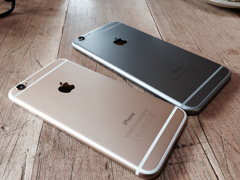 dois, espaço, cinza, rosa, ouro iphone 6, 6s, mais, iphone, maçã, eletrônicos