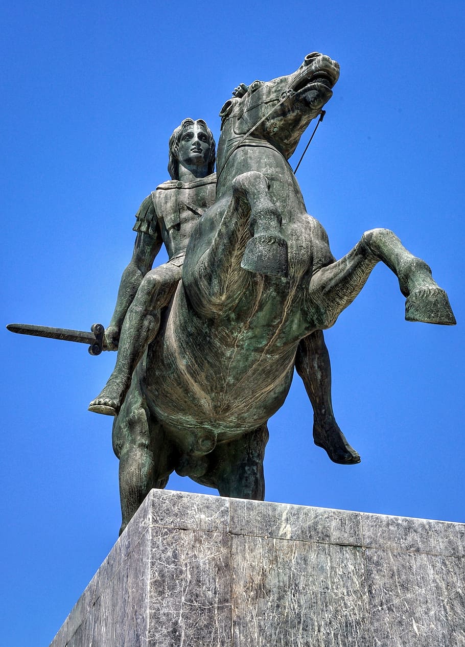 alexandra the great, greek, king, statue, sculpture, thessaloniki, greece, art and craft, sky, representation