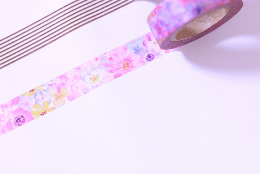 pink, yellow, floral, print self-adhesive tape, white, surface, print, self-adhesive tape, white surface, purple