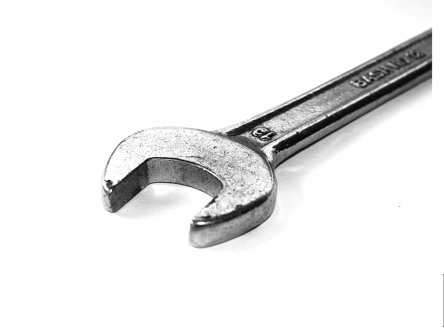 chave inglesa de prata, ferramentas, conjunto, faz-tudo, mão, branco, reparador, fundo, manual, closeup