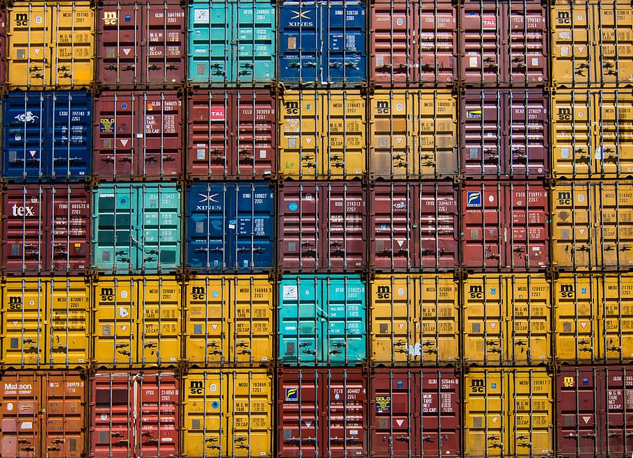 banyak kontainer barang, berwarna-warni, wadah, van, kargo, dermaga, arsitektur, transportasi barang, bisnis, wadah kargo