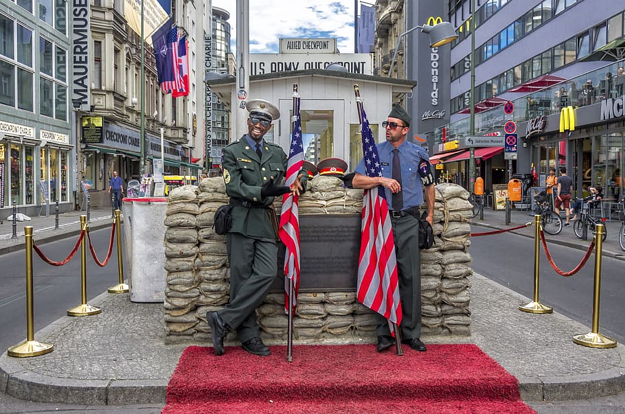 checkpoint charlie, berlin, germany, guards, flag, city, architecture, building exterior, men, street