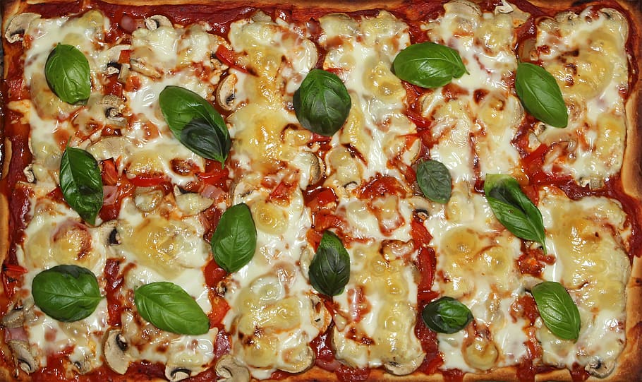 baked mac, pizza, eat, italian, food, basil, pizza topping, bake pizza, frisch, bake